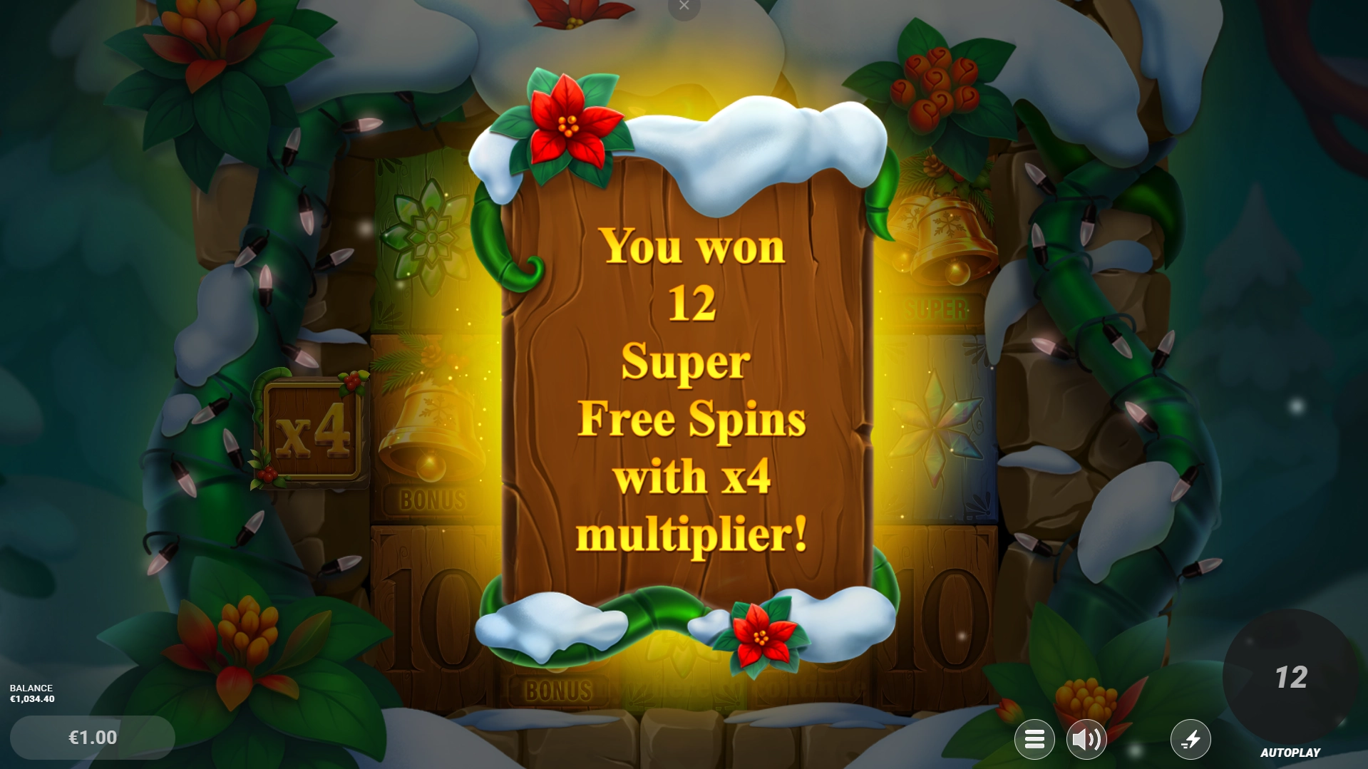 Free spins popup in the Holly slot announcing 12 Super Free Spins with a x4 multiplier, decorated with snow and poinsettias.