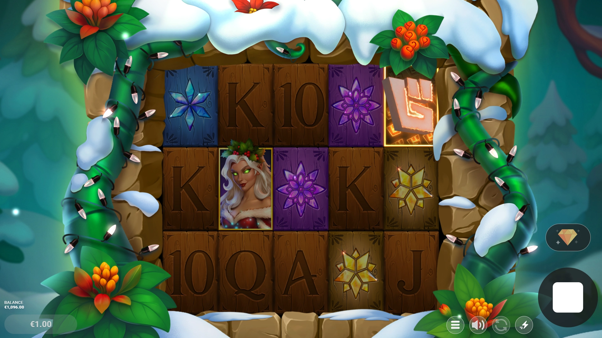 Spin result in the Holly slot featuring the female holiday character symbol, colorful star icons, and wooden tile reels.