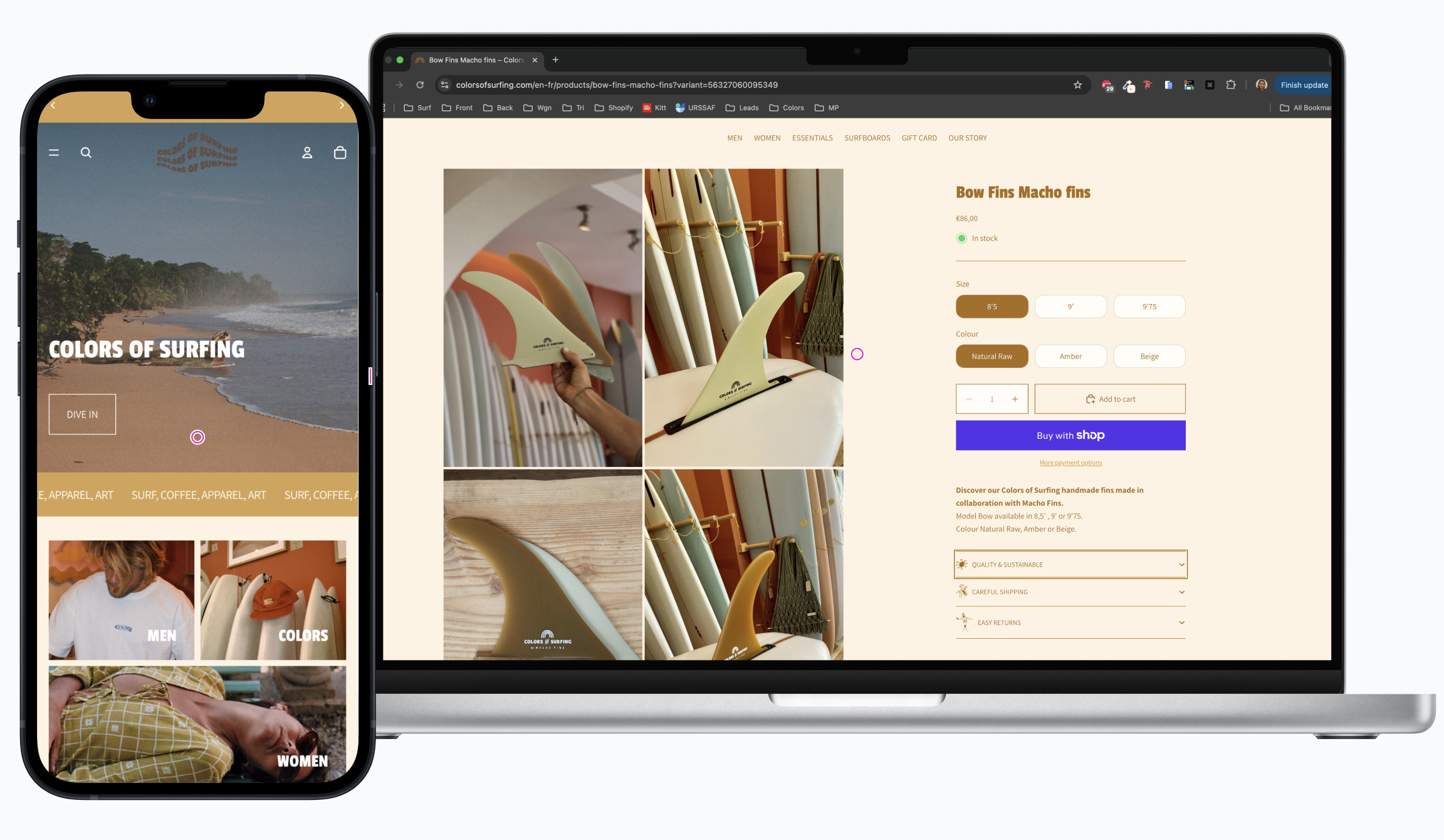 Phone screen showing Colors of Surfing website homepage with beach background and categories, laptop screen displaying Bow Fins Macho fins product page with fin images, size and color options, and purchase button.