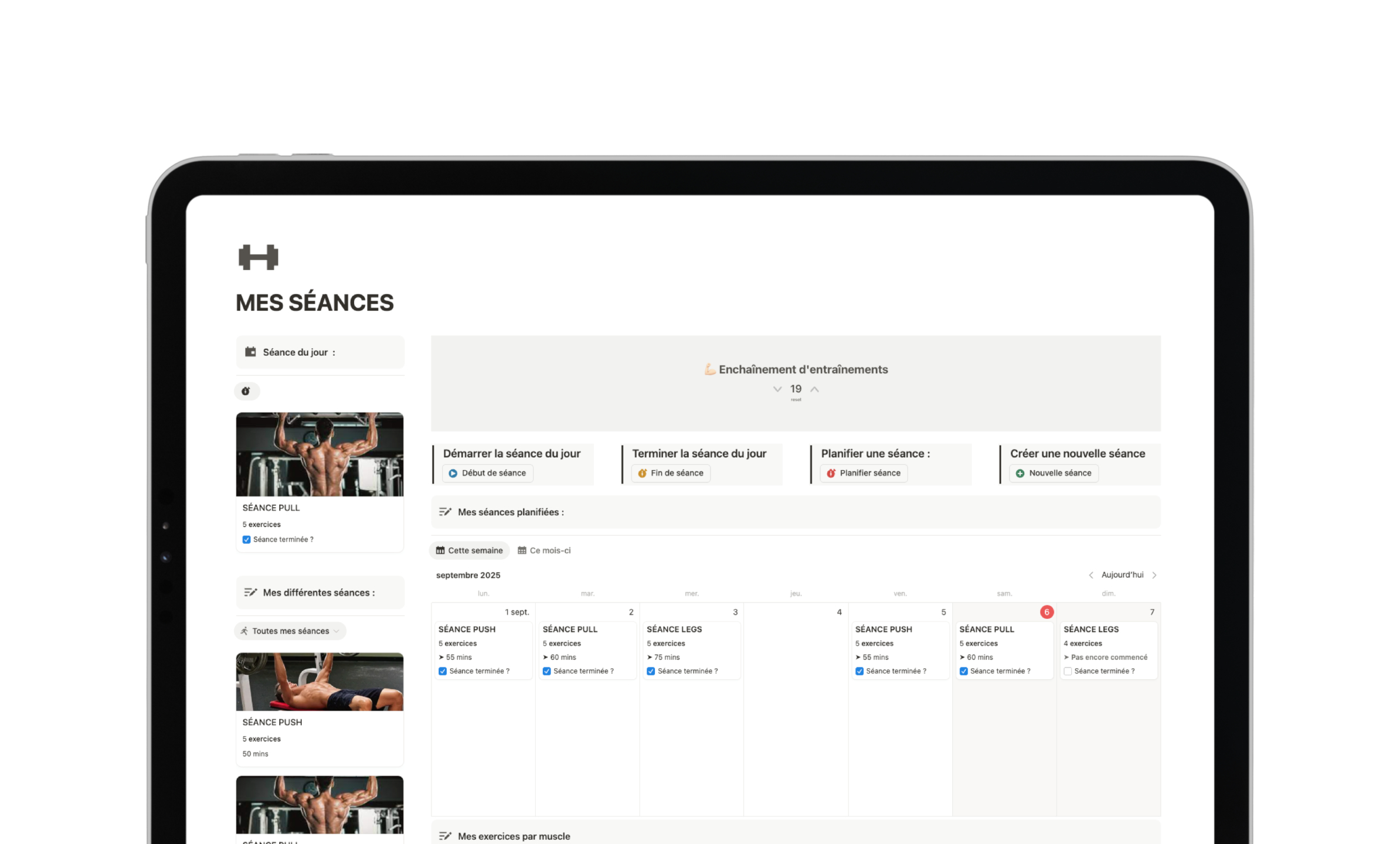 Template Notion Second Cerveau - Carnet d’entraînement pour le suivi des séances de sport et analyse des performances