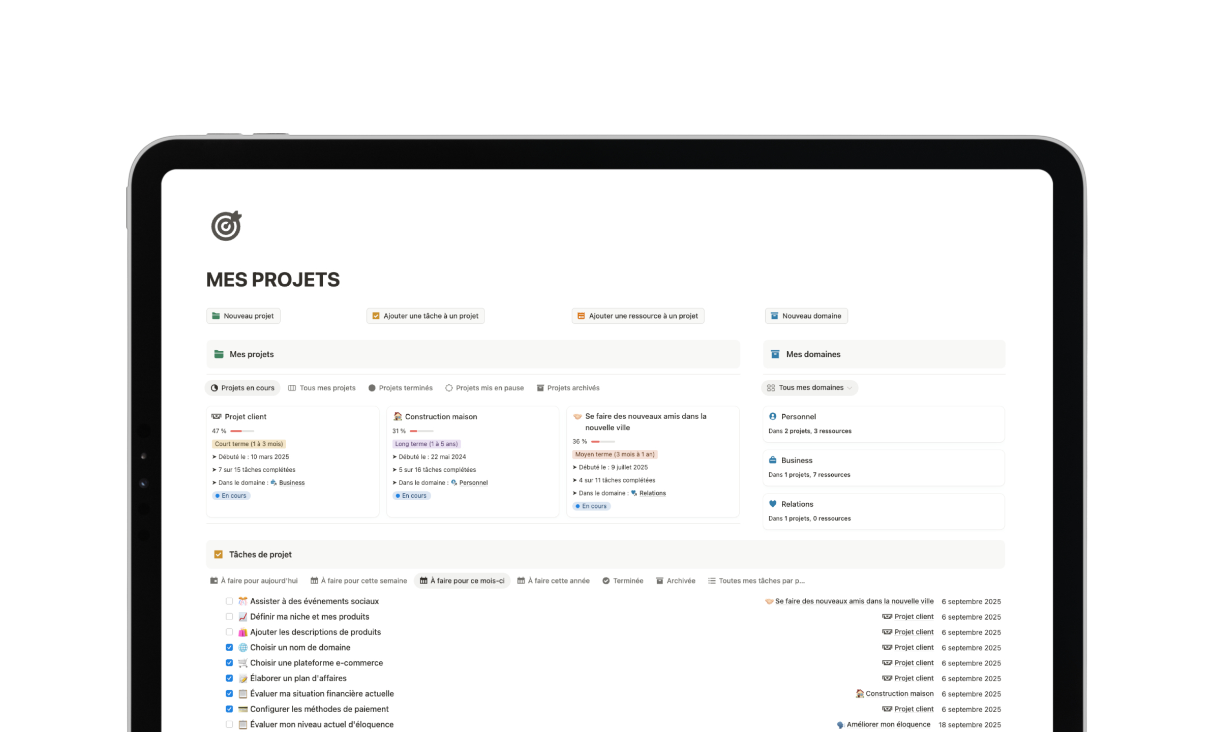 Template Notion Second Cerveau - Gestion de projets avec tâches, échéances et progression visualisée