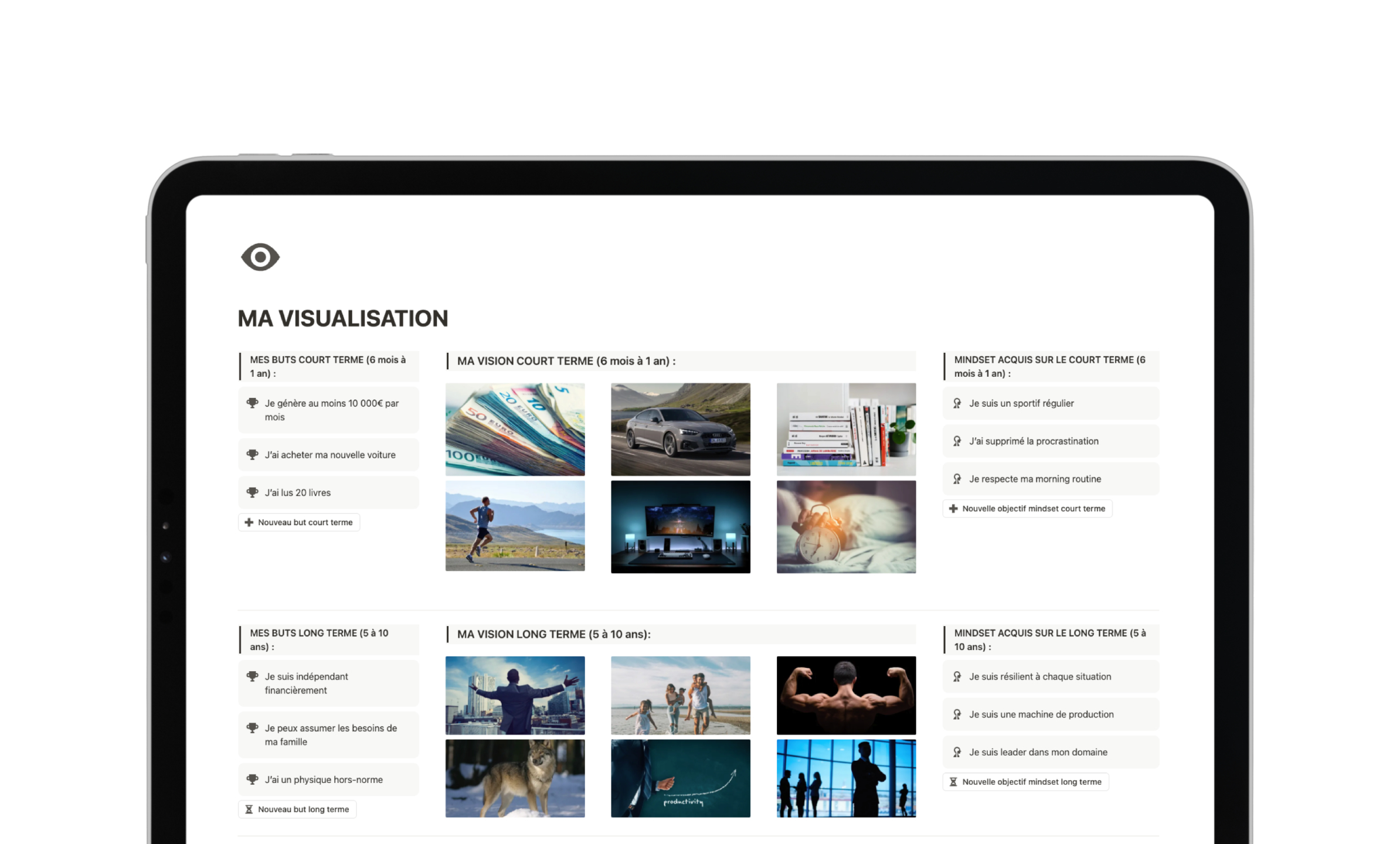 Template Notion Second Cerveau - Page de visualisation des objectifs et affirmations pour motivation quotidienne