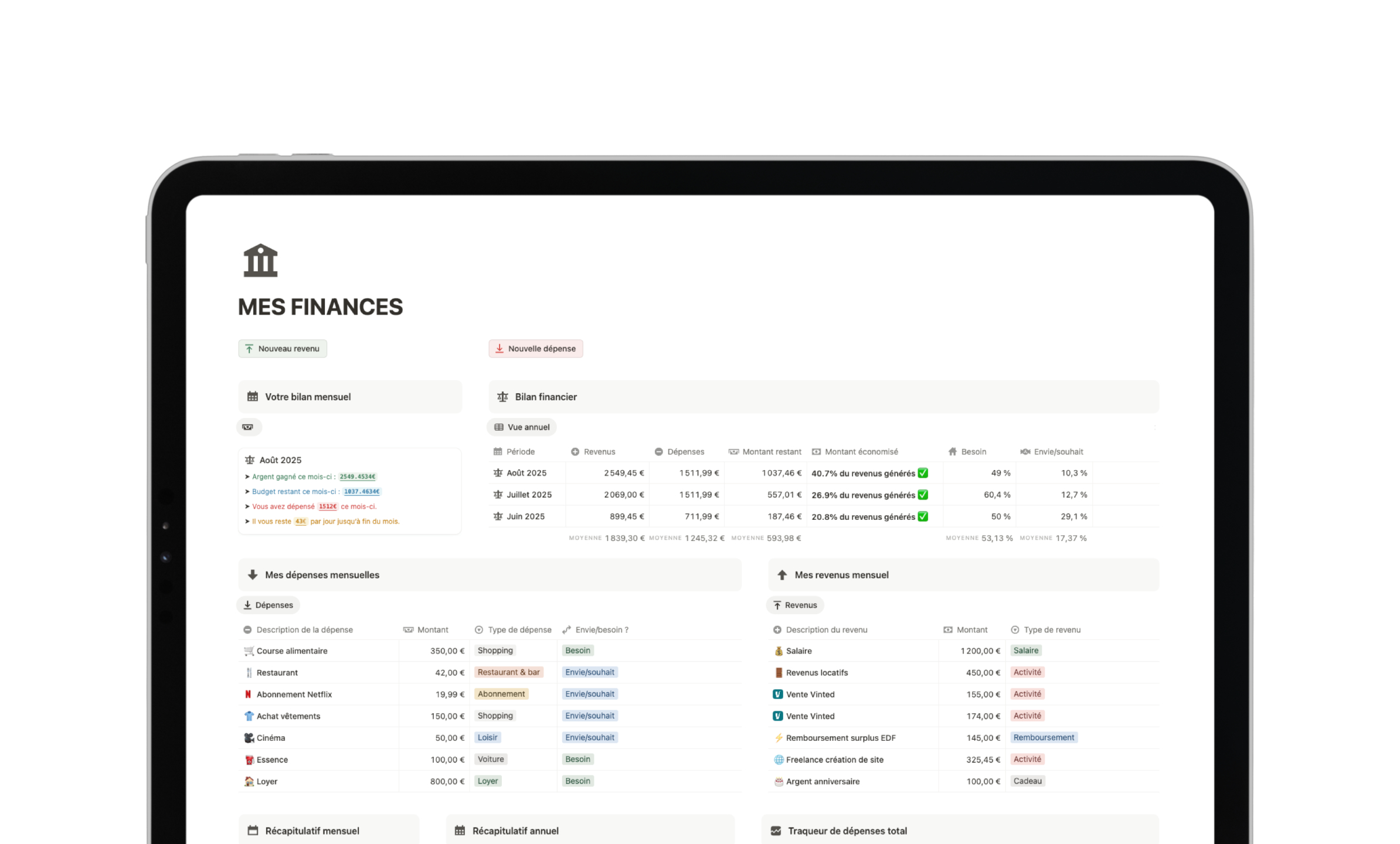 Template Notion Second Cerveau - Suivi financier et budget personnel avec dépenses et investissements