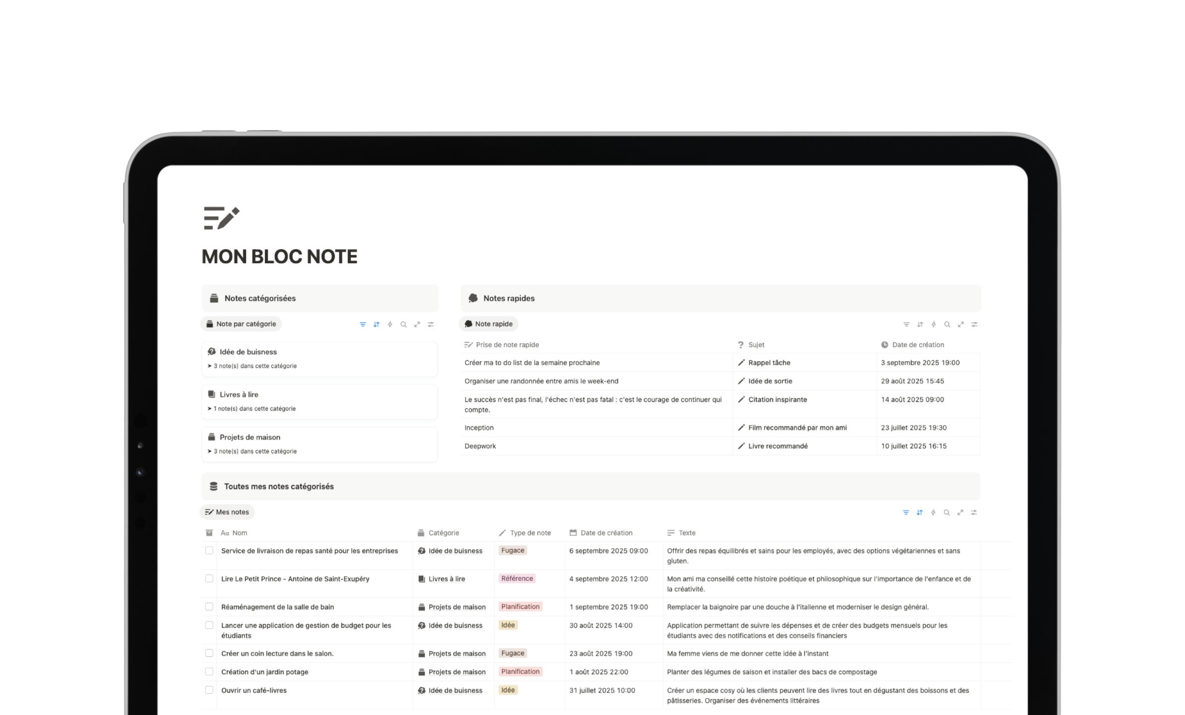 Template Notion Second Cerveau - Bloc de prise de notes et organisation des idées