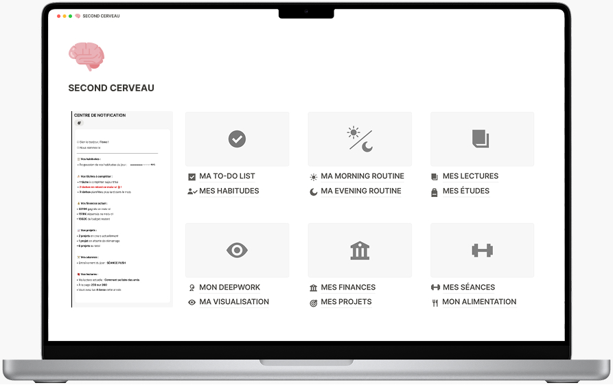 Template Notion Second Cerveau - Centre de notification intégré avec rappels, suivi d’actions et motivation