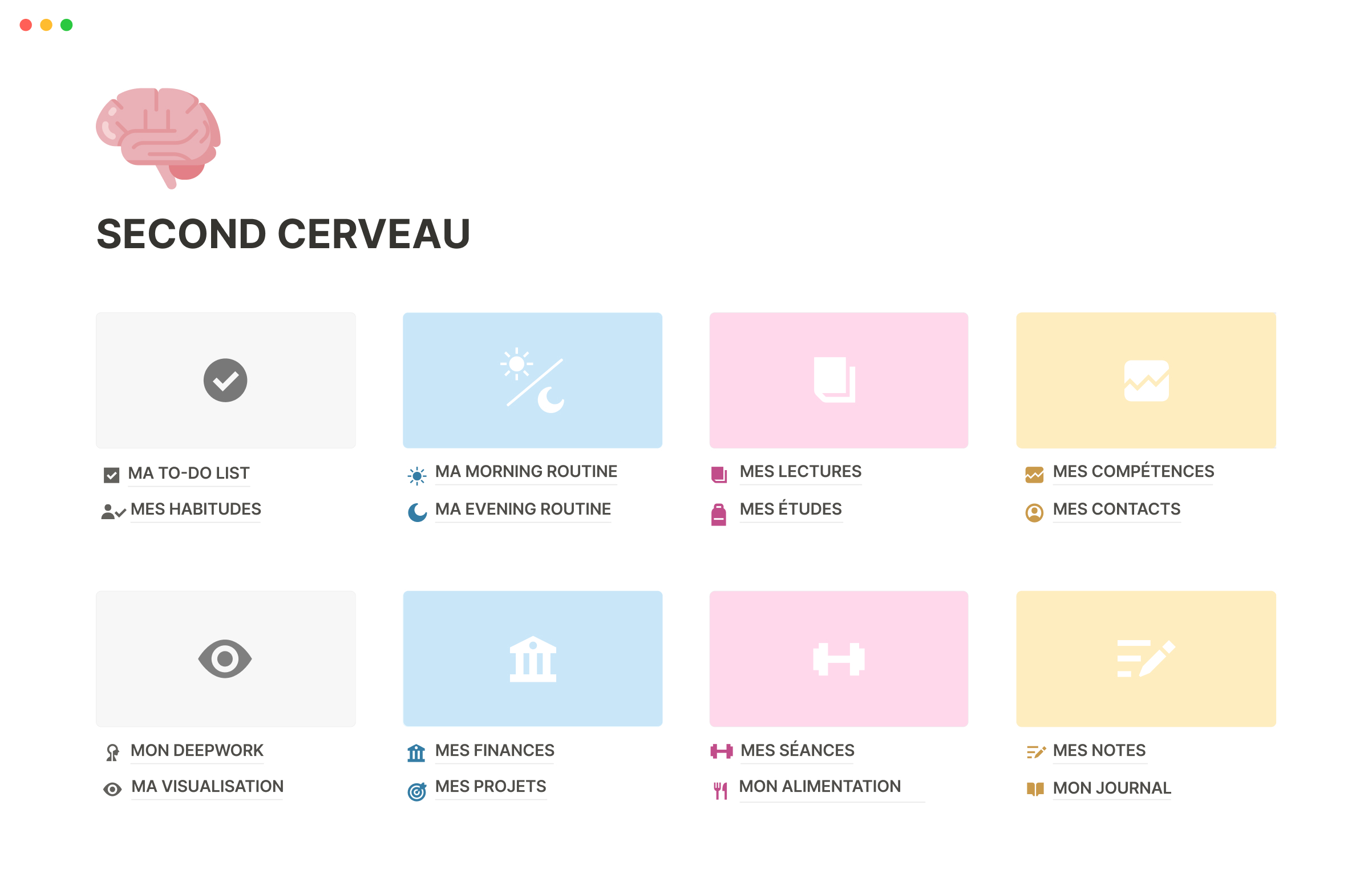Template Notion Second Cerveau - Mode clair et mode sombre avec plusieurs thèmes personnalisables
