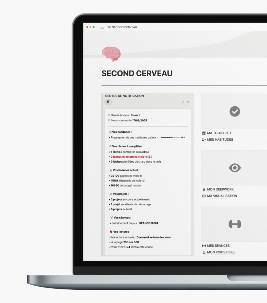 Template Notion Second Cerveau - Centre de notification intégré avec rappels, suivi d’actions et motivation