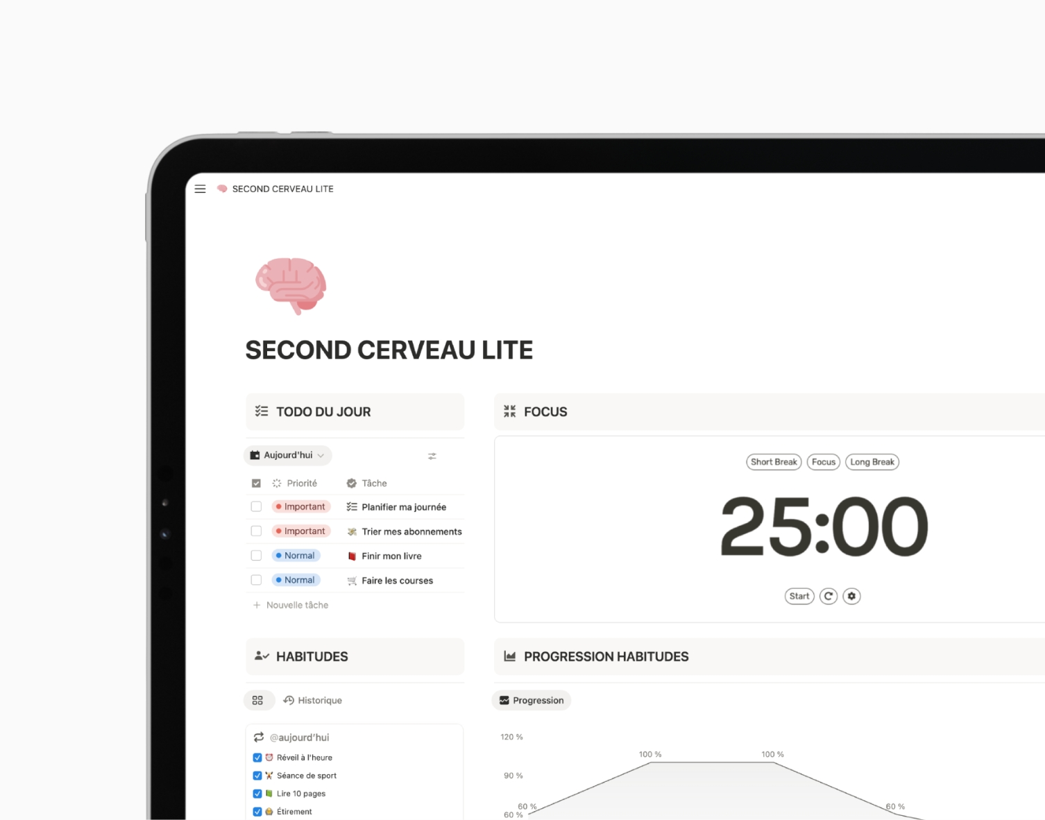 Interface Second Cerveau Notion pour centraliser tâches, notes, projets et objectifs