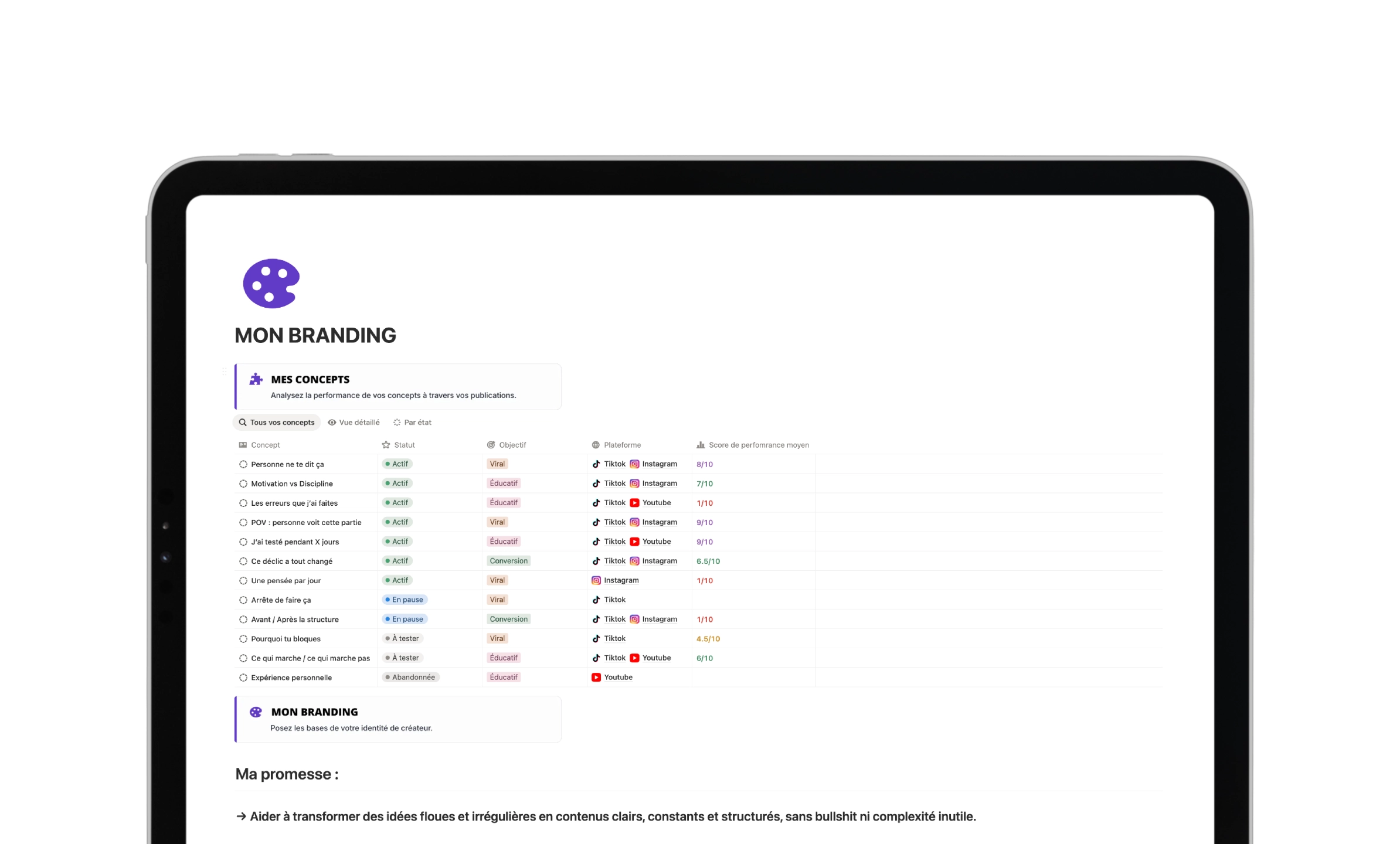 Template Notion Second Cerveau - Carnet d’entraînement pour le suivi des séances de sport et analyse des performances