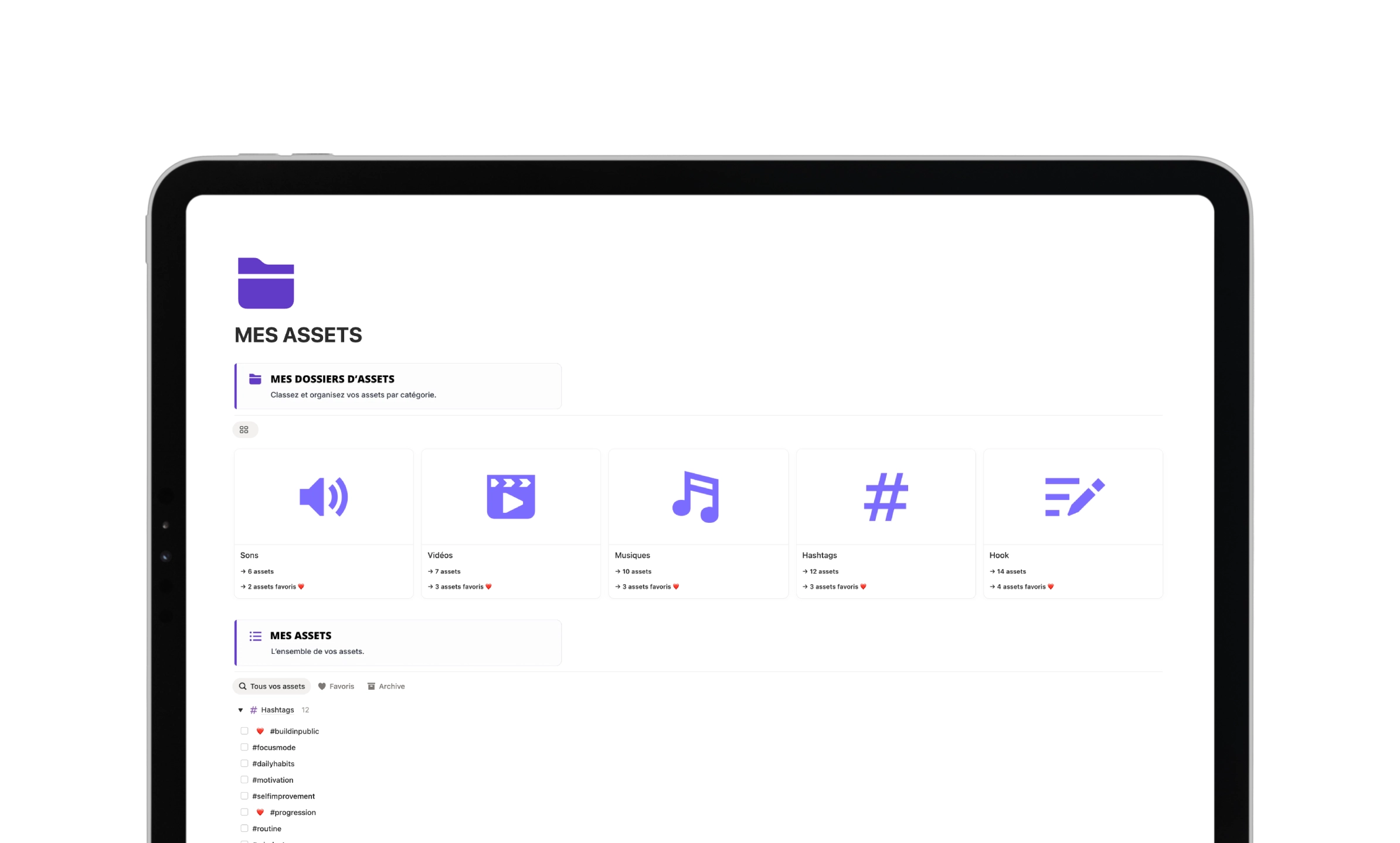 Template Notion Second Cerveau - Page de visualisation des objectifs et affirmations pour motivation quotidienne