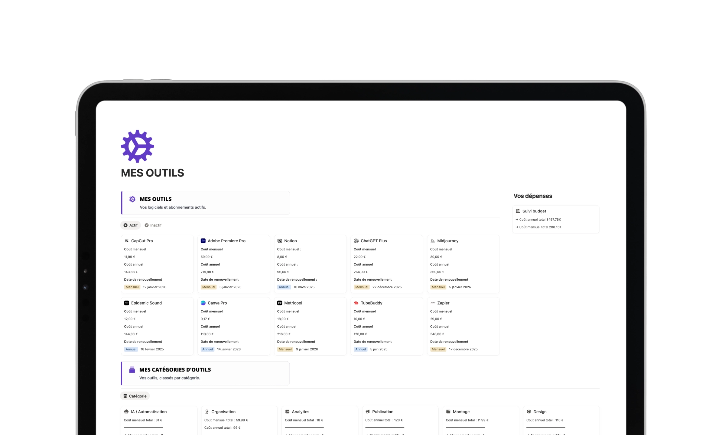Template Notion Second Cerveau - Suivi financier et budget personnel avec dépenses et investissements