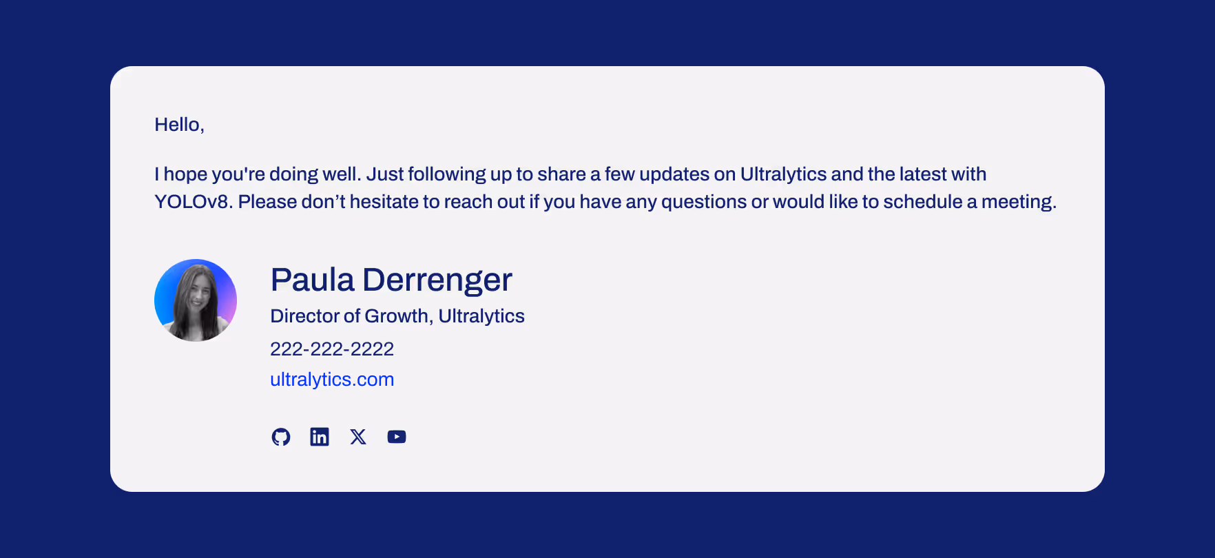 Подпись электронной почты Ultralytics с сообщением