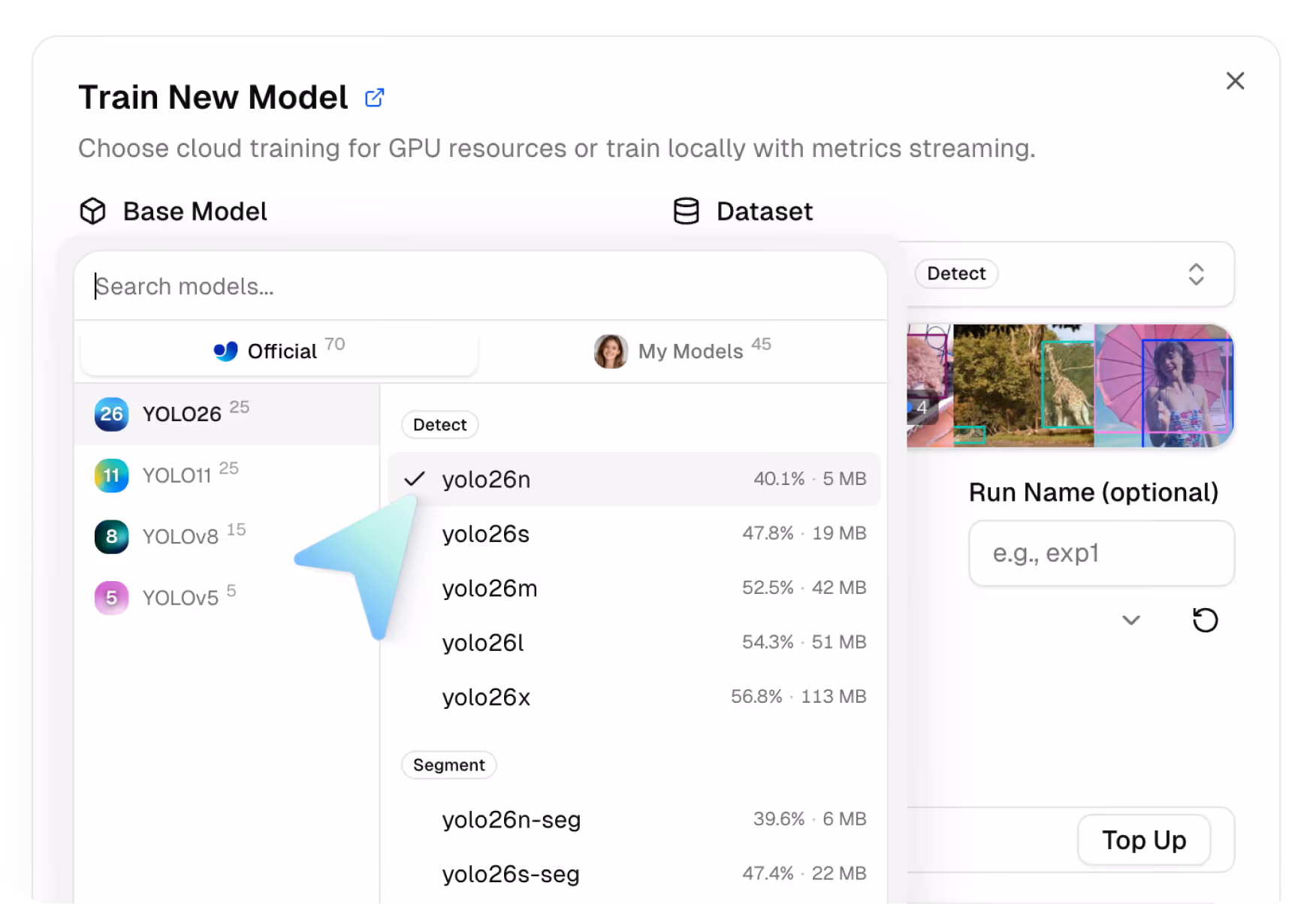 User interface for training a new AI model showing base model options including YOLO26 variants with detection and segmentation choices, and a dataset section with image thumbnails and optional run name input.