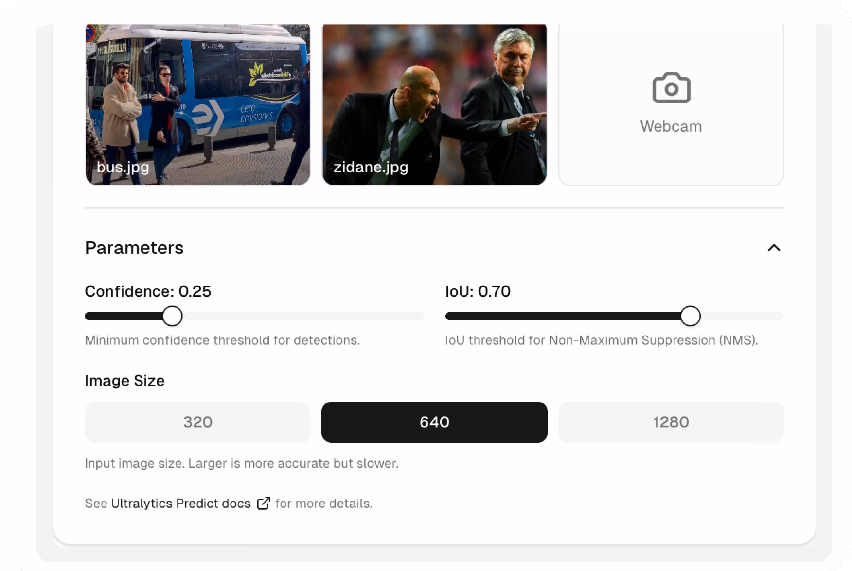 User interface showing image selection thumbnails, sliders for confidence (0.25) and IoU (0.70) thresholds, and image size options with 640 selected.