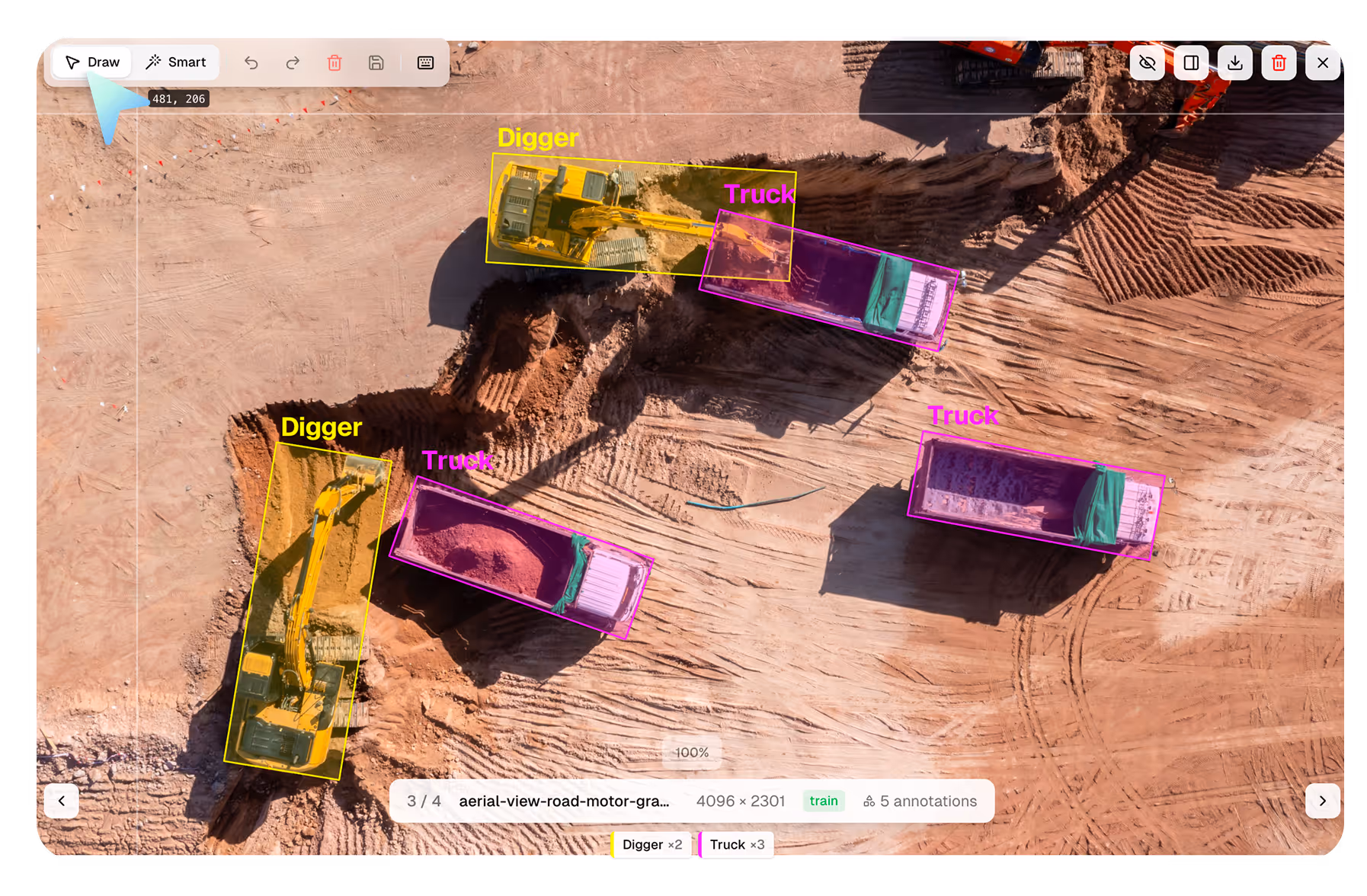 Aerial view of a construction site with two yellow diggers and three trucks labeled with bounding boxes.
