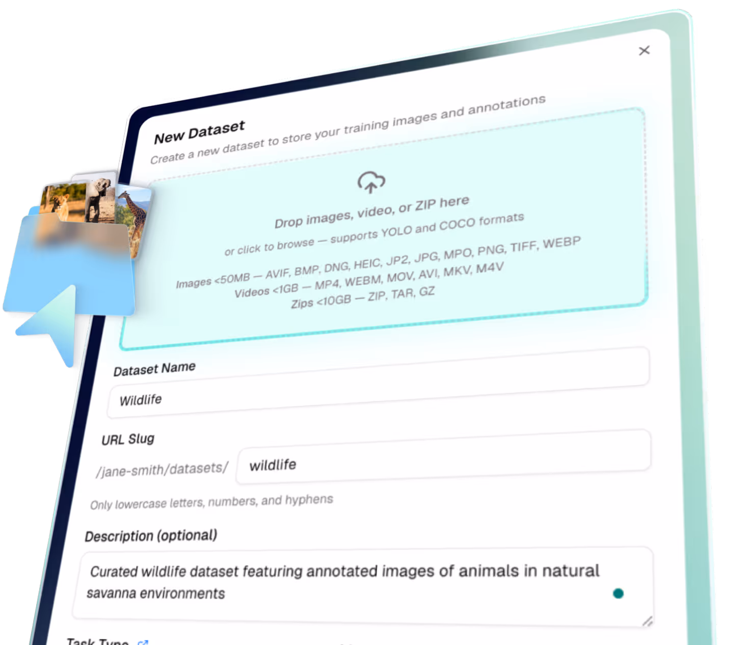 User interface to create a new dataset named 'Wildlife' with fields for dataset name, URL slug, and optional description about curated annotated images of animals in savanna.