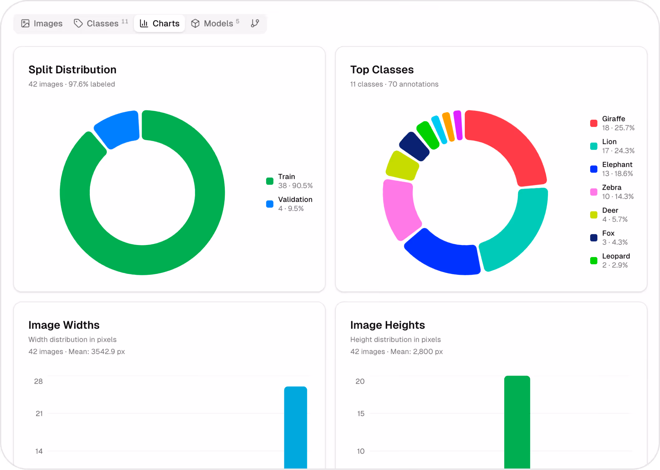Dashboard showing charts of dataset split distribution with 90.5% training and 9.5% validation images, top animal classes with percentages, and bar graphs of image widths and heights.