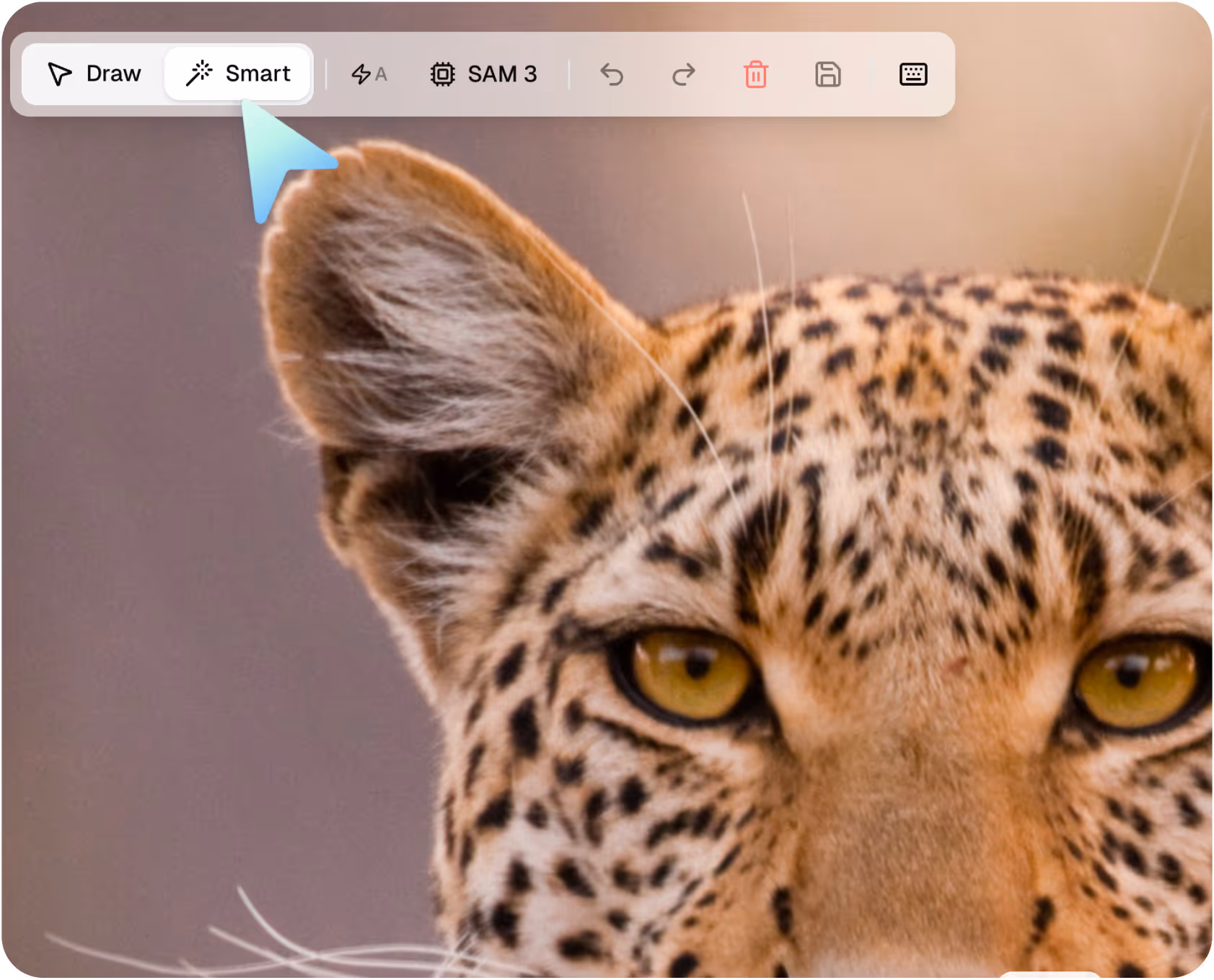 Close-up of a leopard's face showing one ear and yellow eyes with black spots on its fur.