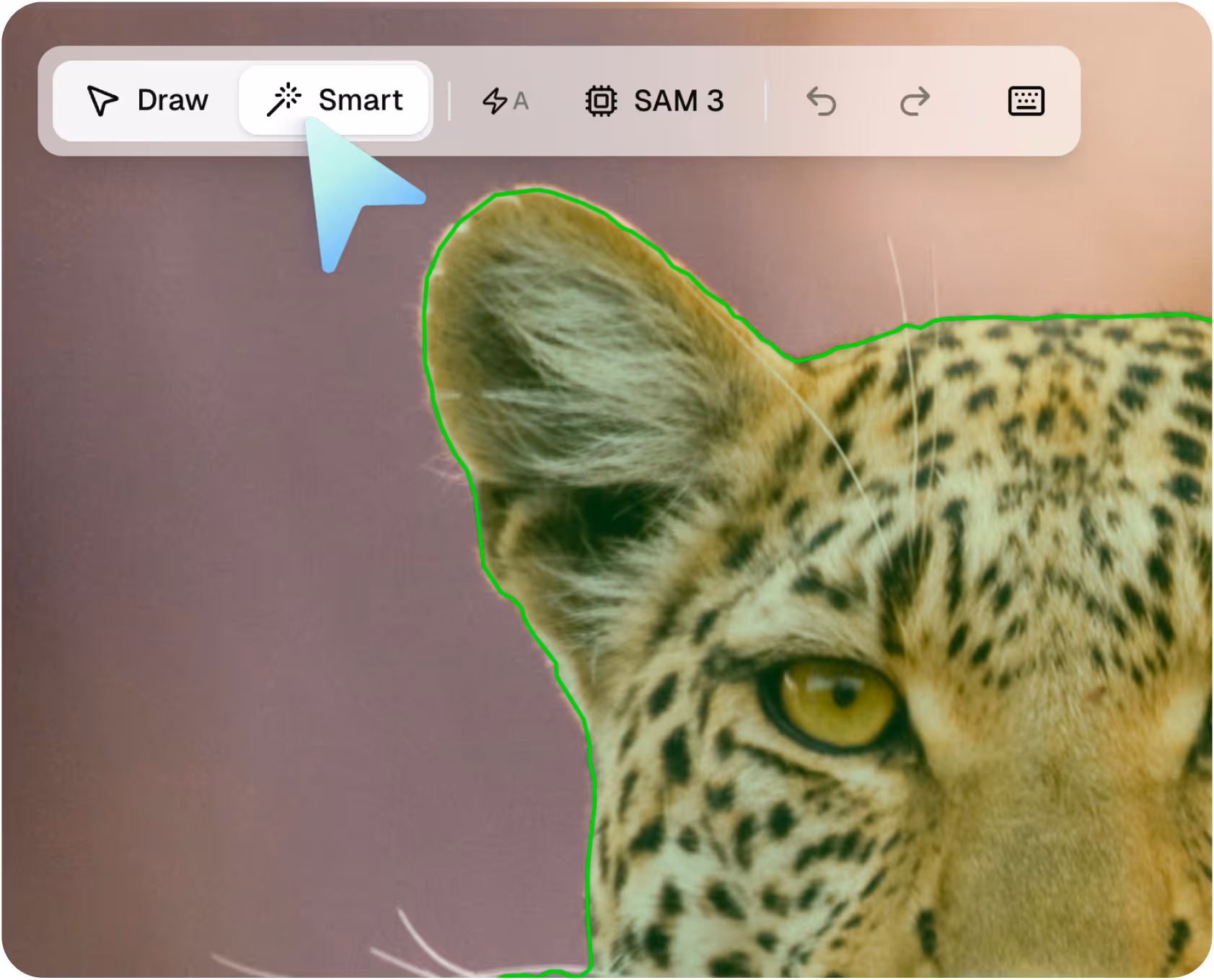 Close-up of a leopard's face showing one ear and yellow eyes with black spots on its fur.