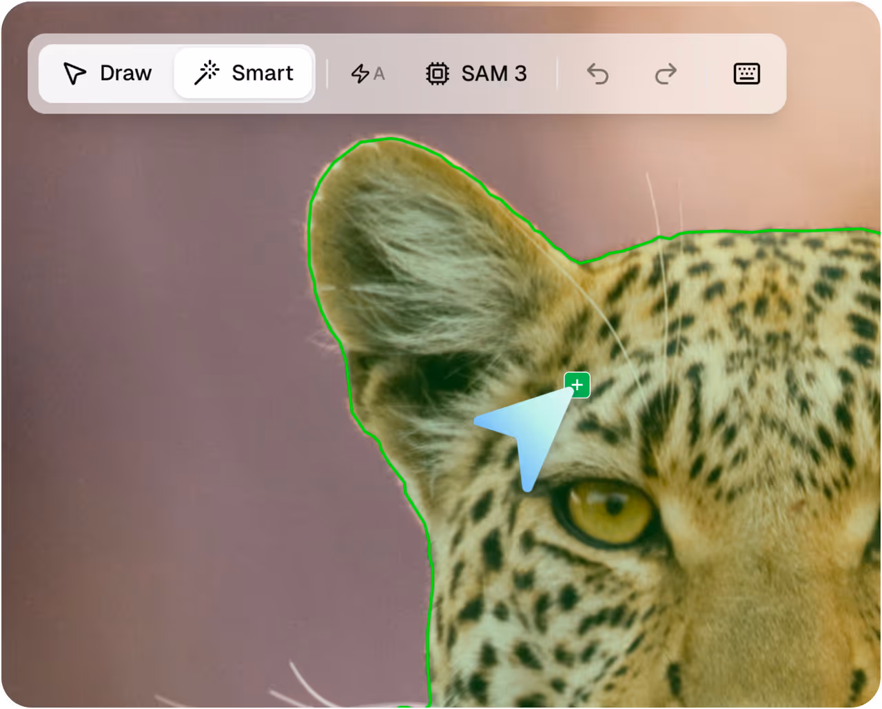 Close-up of a leopard's face showing one ear and yellow eyes with black spots on its fur.