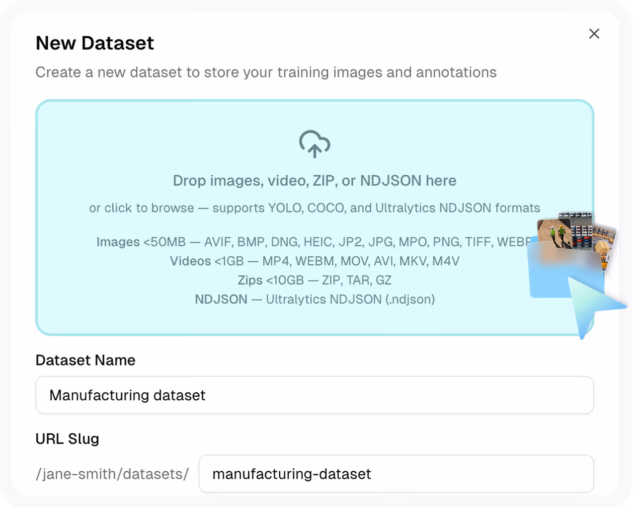 “New Dataset” dialog showing a drag-and-drop upload area for images, videos, ZIP files, or NDJSON, with fields for dataset name and URL slug.