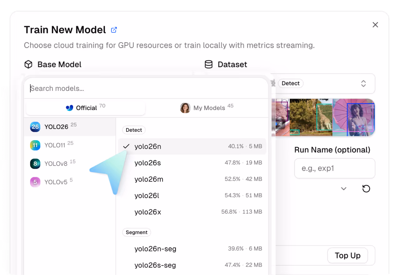 User interface for training a new AI model showing base model options including YOLO26 variants with detection and segmentation choices, and a dataset section with image thumbnails and optional run name input.