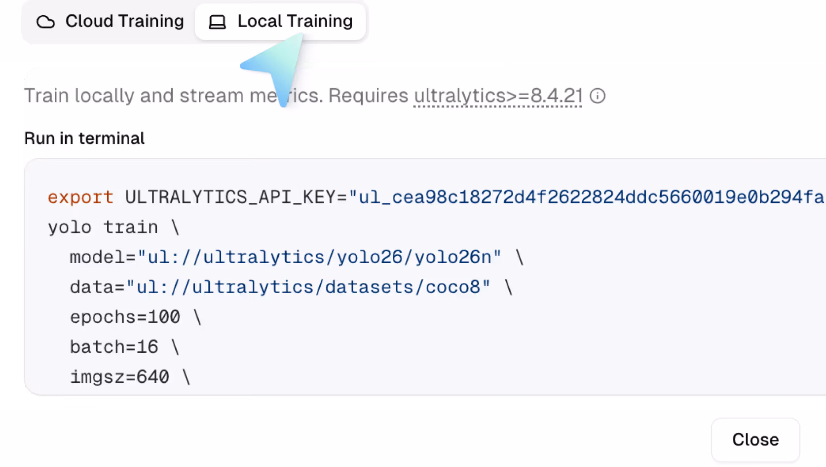 Interface showing local training setup with a terminal command for running a YOLO model, including parameters for model, dataset, epochs, batch size, and image size.
