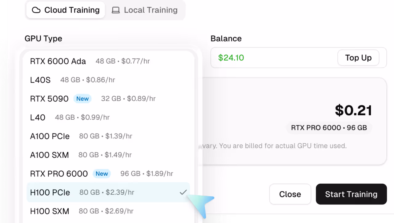 Image of GPU selection menu for cloud training showing various GPU types with memory and pricing per hour, highlighting RTX PRO 6000 with 96 GB at $1.89/hr and current balance of $24.10.