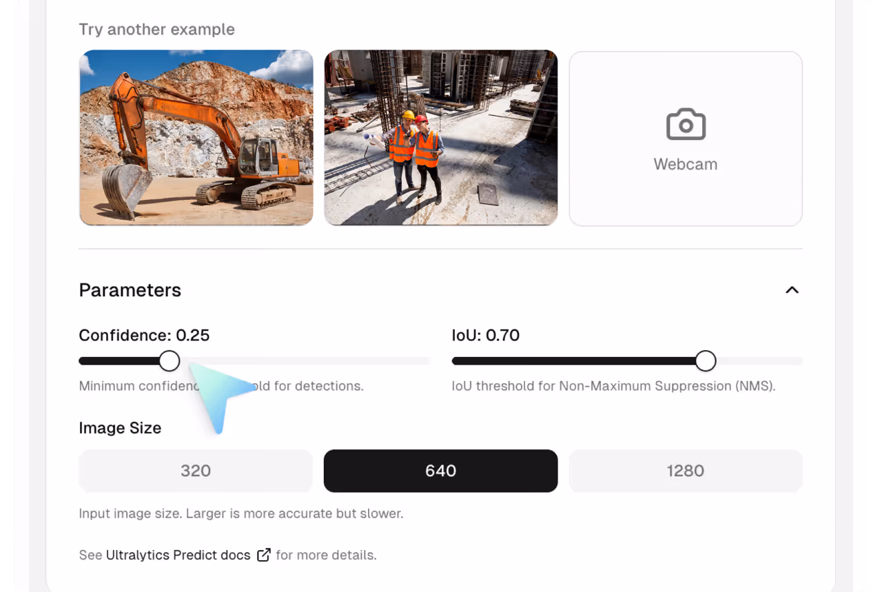 User interface showing image selection thumbnails, sliders for confidence (0.25) and IoU (0.70) thresholds, and image size options with 640 selected.