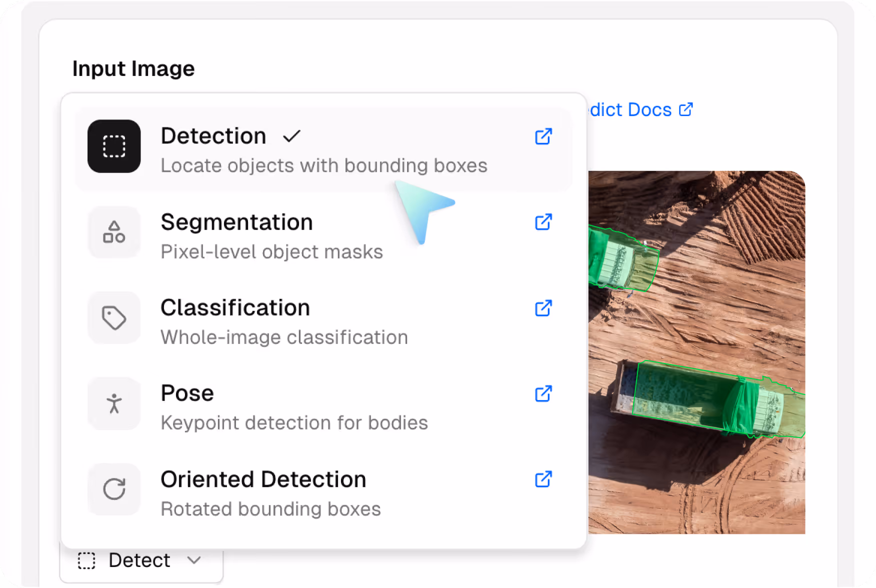 Aerial view of excavation site with two excavators loading soil into three dump trucks, all vehicles outlined in blue and green for object detection.