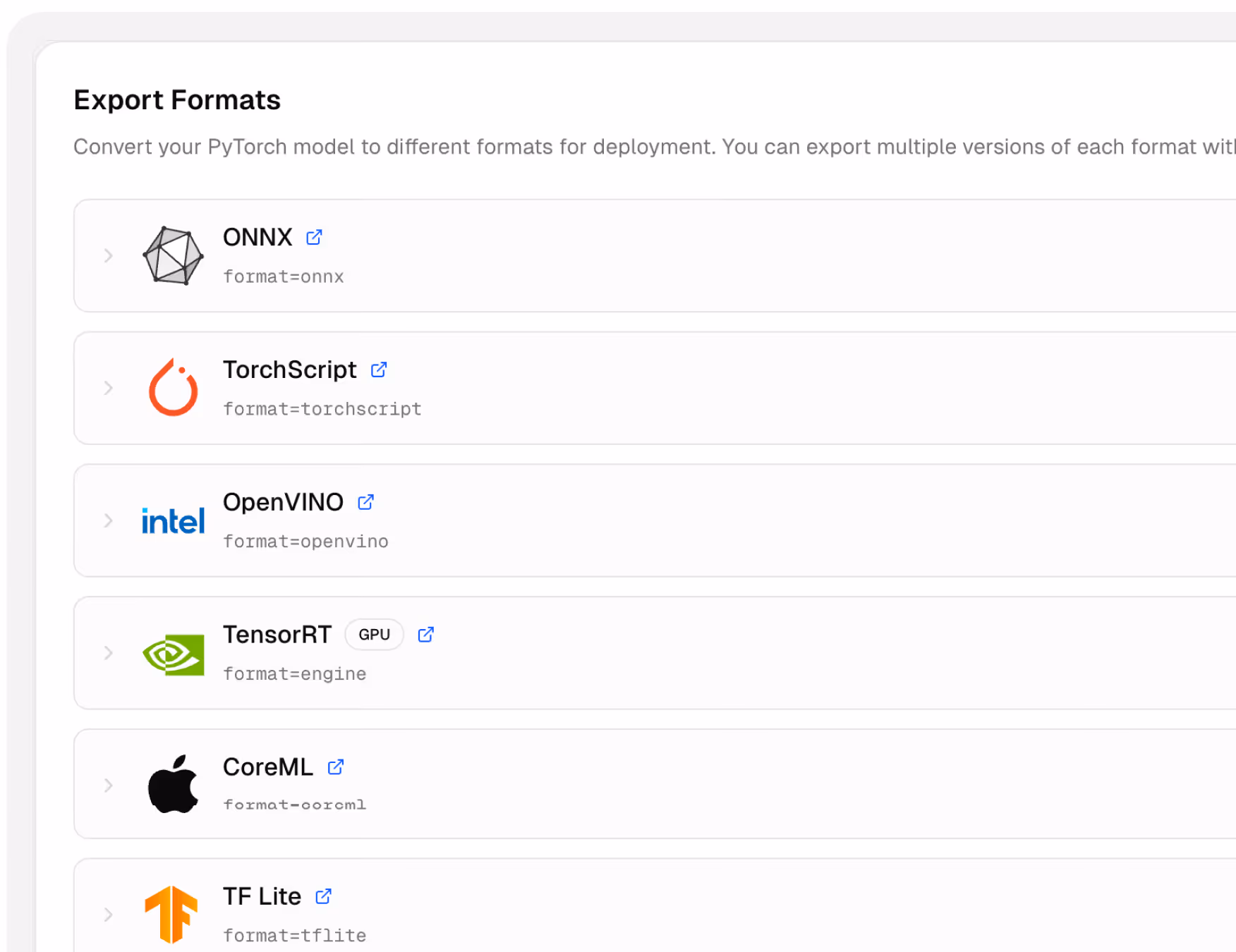 List of export formats for PyTorch models including ONNX, TorchScript, OpenVINO, TensorRT GPU, CoreML, and TF Lite with their respective icons and format codes.