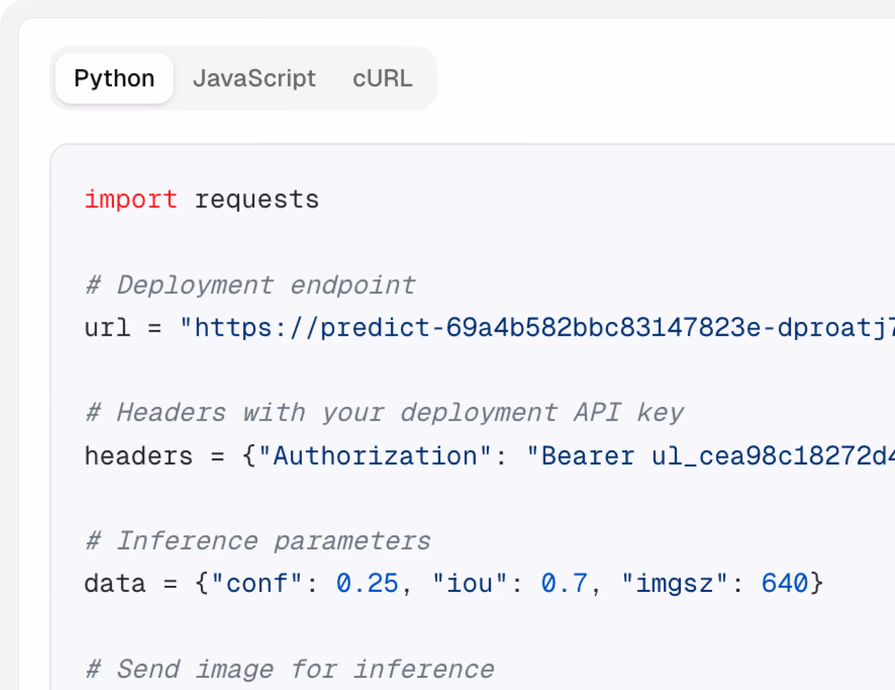 Python code snippet for sending an image to a deployment endpoint using requests with authorization and inference parameters.