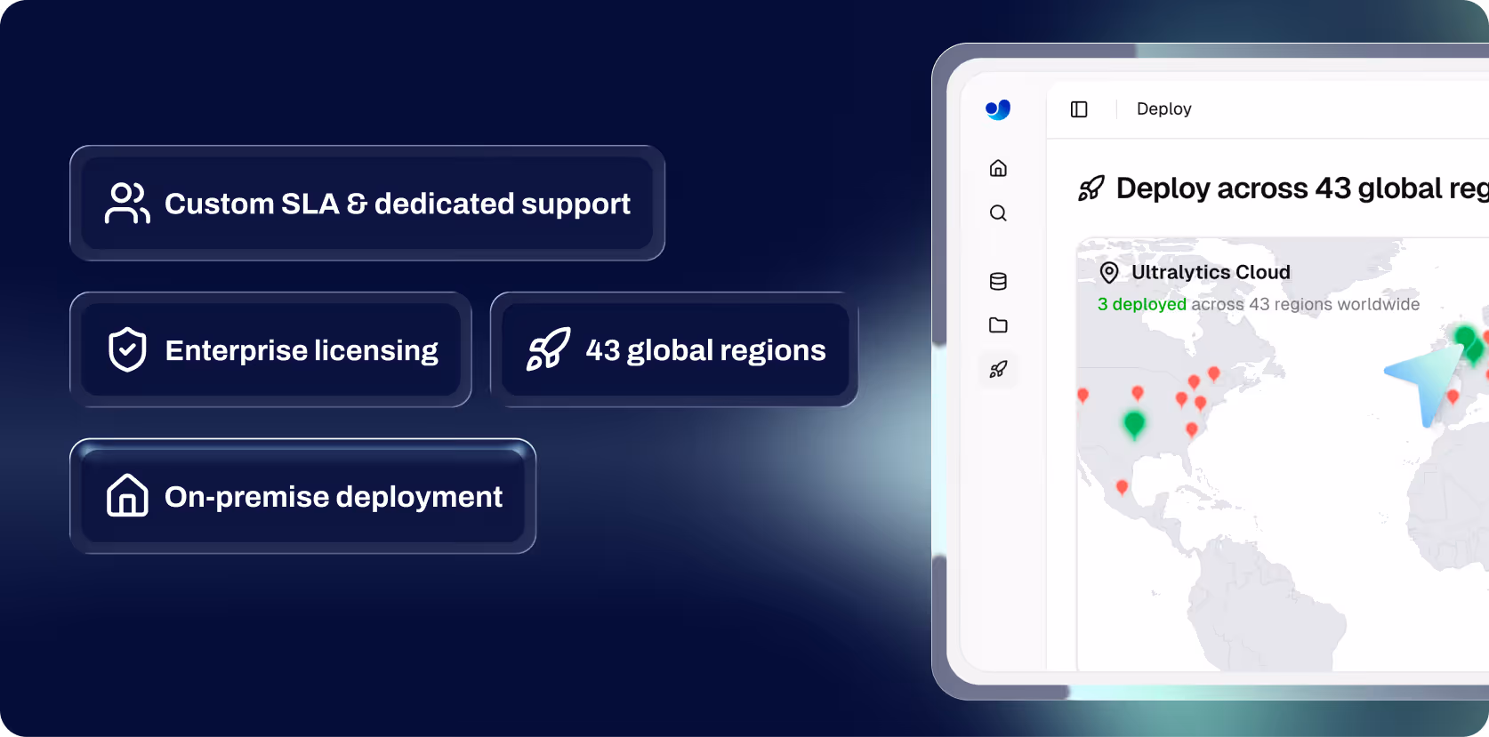 Dashboard screen showing deployment across 43 global regions with indicators on a world map and feature highlights for custom SLA, dedicated support, enterprise licensing, and on-premise deployment.