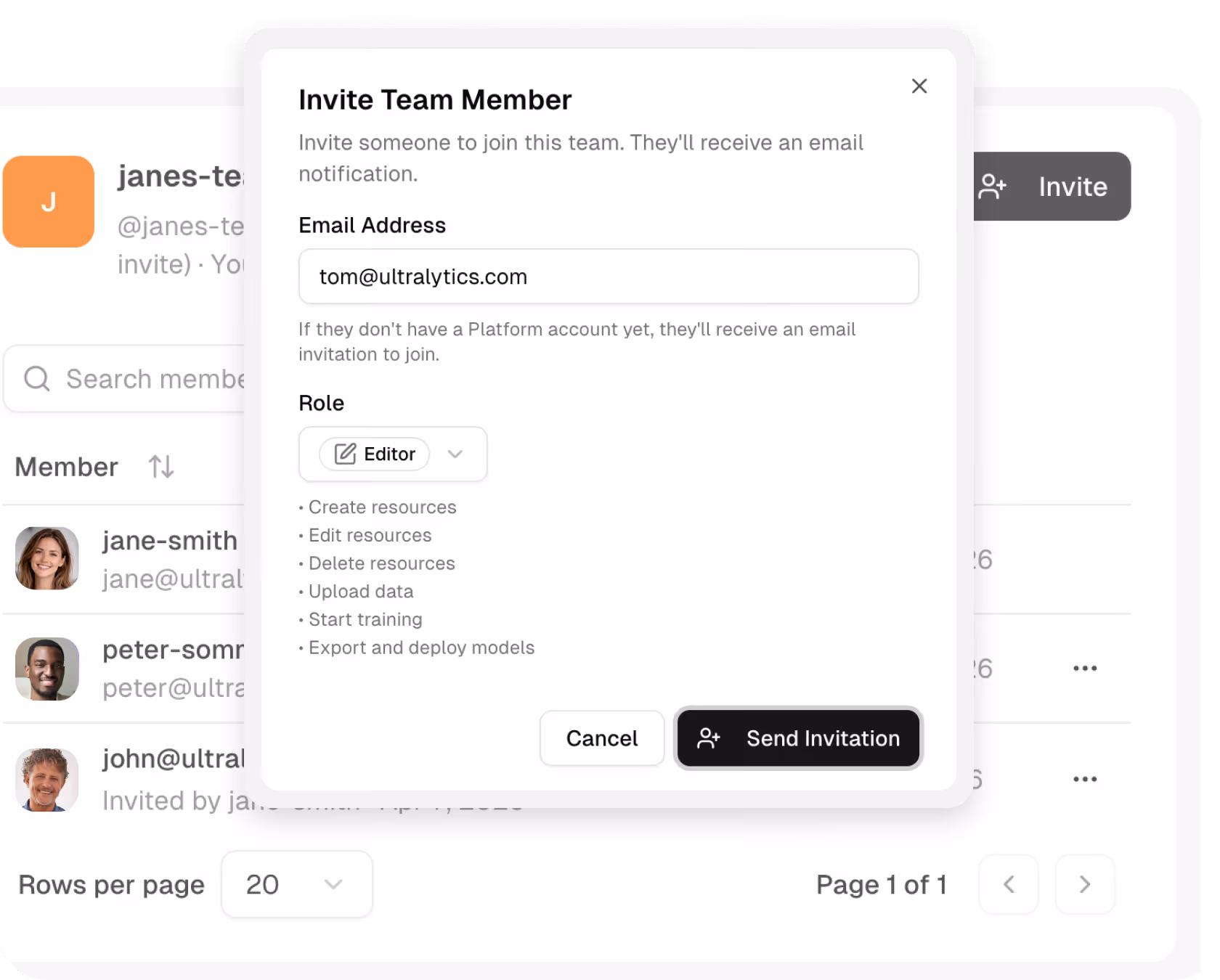 “Invite Team Member” dialog with fields for email address and role selection, and options to cancel or send an invitation.