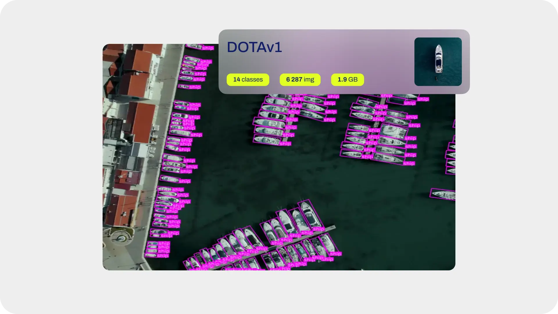 Aerial scene of yachts with Oriented Bounding Boxes (OBB)