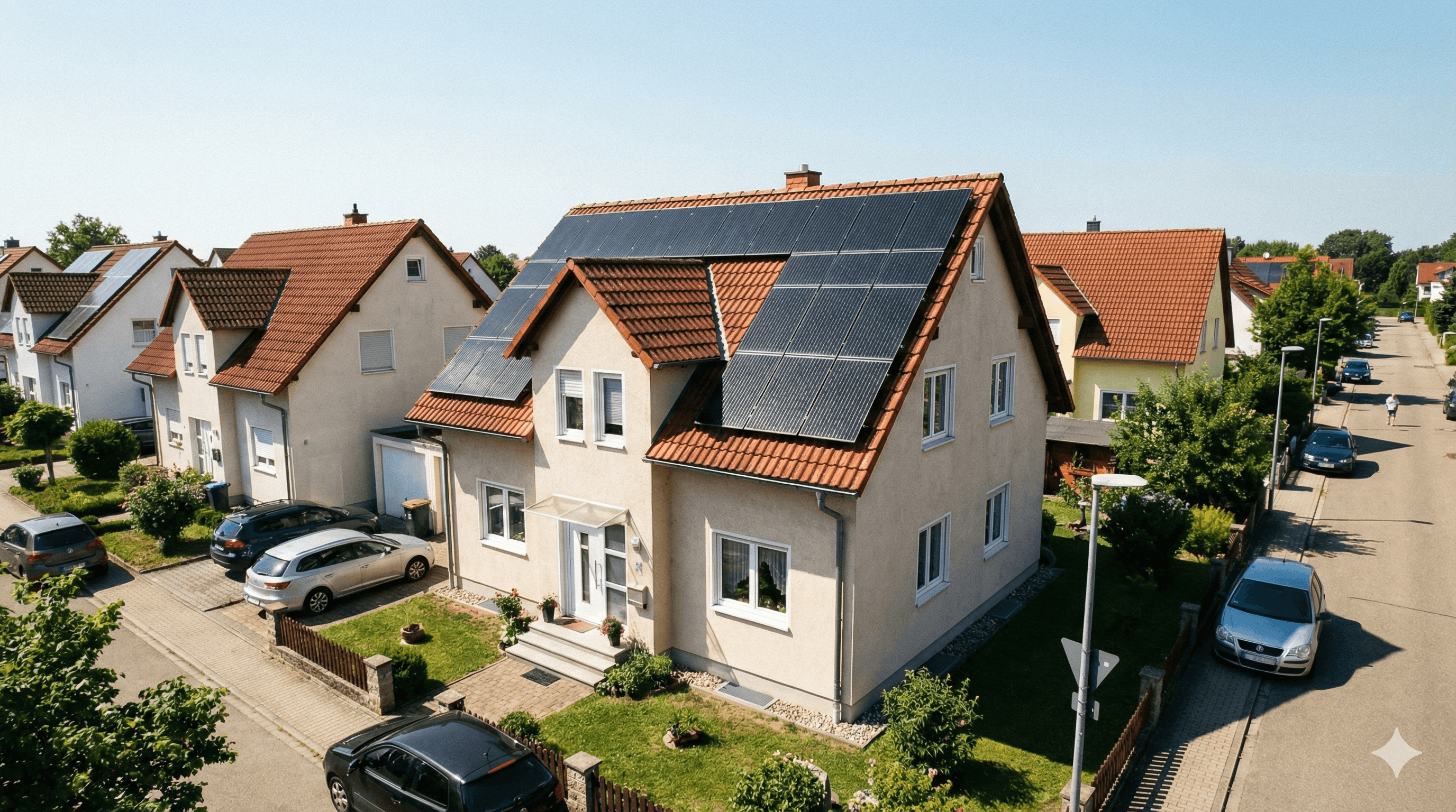 Siedlung mit baugleichen, weißen Einfamilienhäusern und roten Dächern - das forderste Haus an der Ecke wurde mit einer großflächigen PV-Anlage ausgestattet