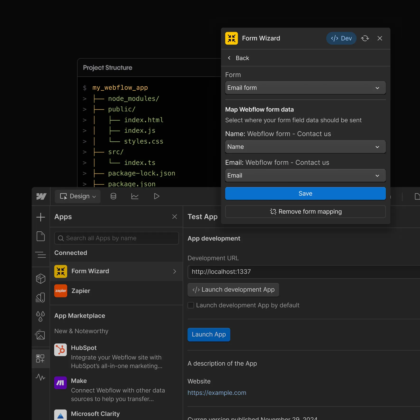 Software interface showing a project structure with folders and files, an app marketplace sidebar with connected apps like Form Wizard and Zapier, and a Form Wizard popup for mapping Webflow form data to fields.