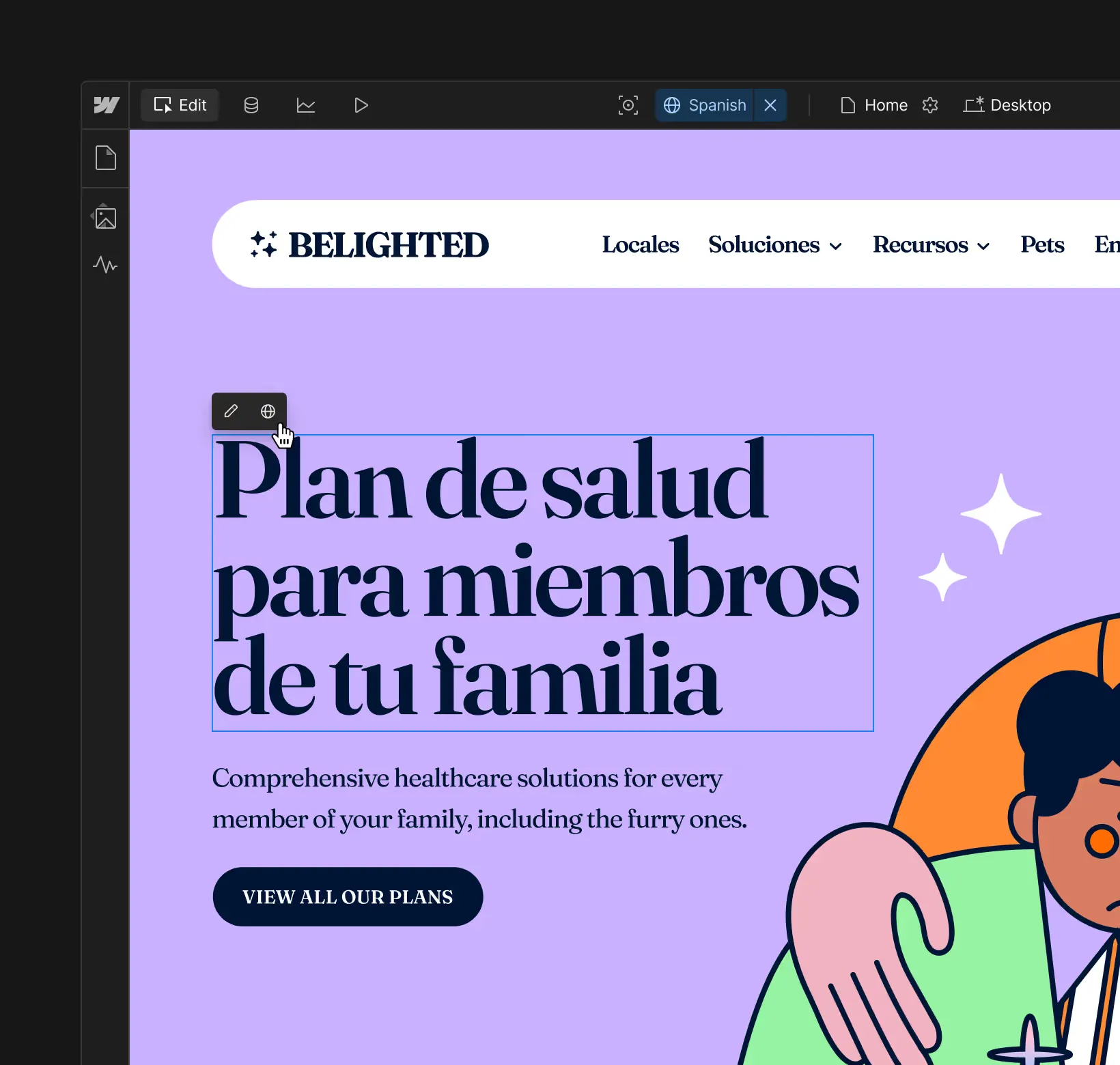 Website page in Spanish offering health plans for family members, including pets, with a call-to-action button labeled 'View all our plans.'
