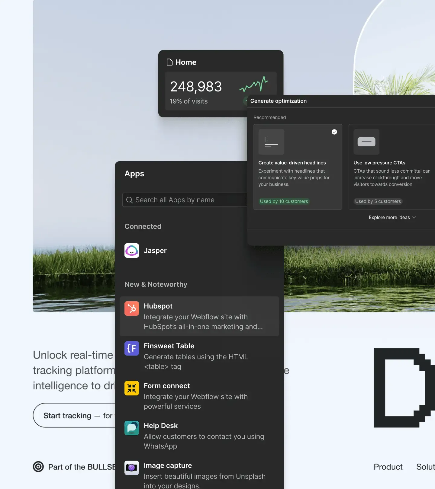 Screenshot of an app interface showing tracking data, connected apps list including Jasper and Hubspot, and optimization recommendations.
