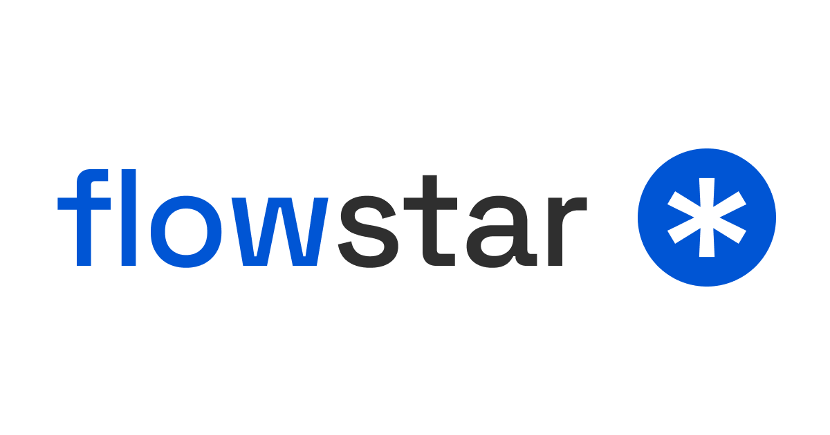 Flowstar logo with 'flow' in blue, 'star' in black, and a blue circle containing a white asterisk symbol.