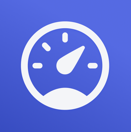White speedometer icon with needle pointing right on blue gradient background.