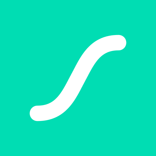 White curved S-shaped logo on a turquoise square background.