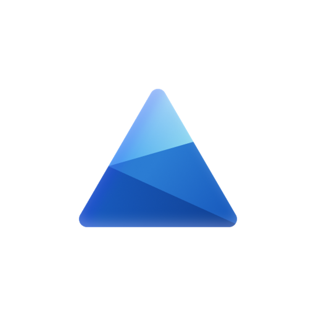 Blue triangular shape with gradient shades and rounded corners on a transparent background.
