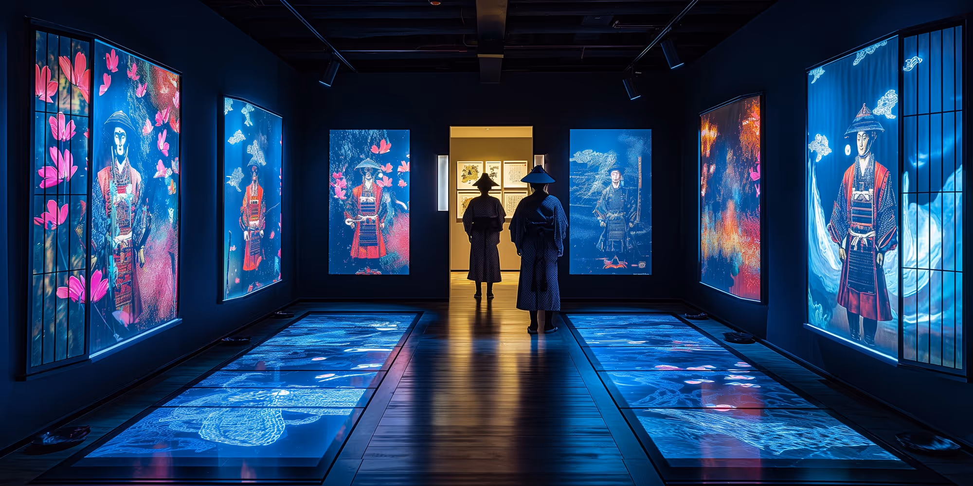 Visitors exploring an immersive museum exhibit with interactive digital storytelling displays