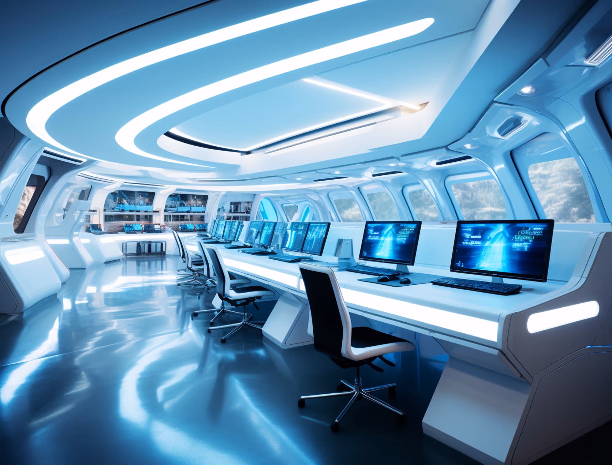 Futuristic aerospace training lab with digital simulation monitors and control systems