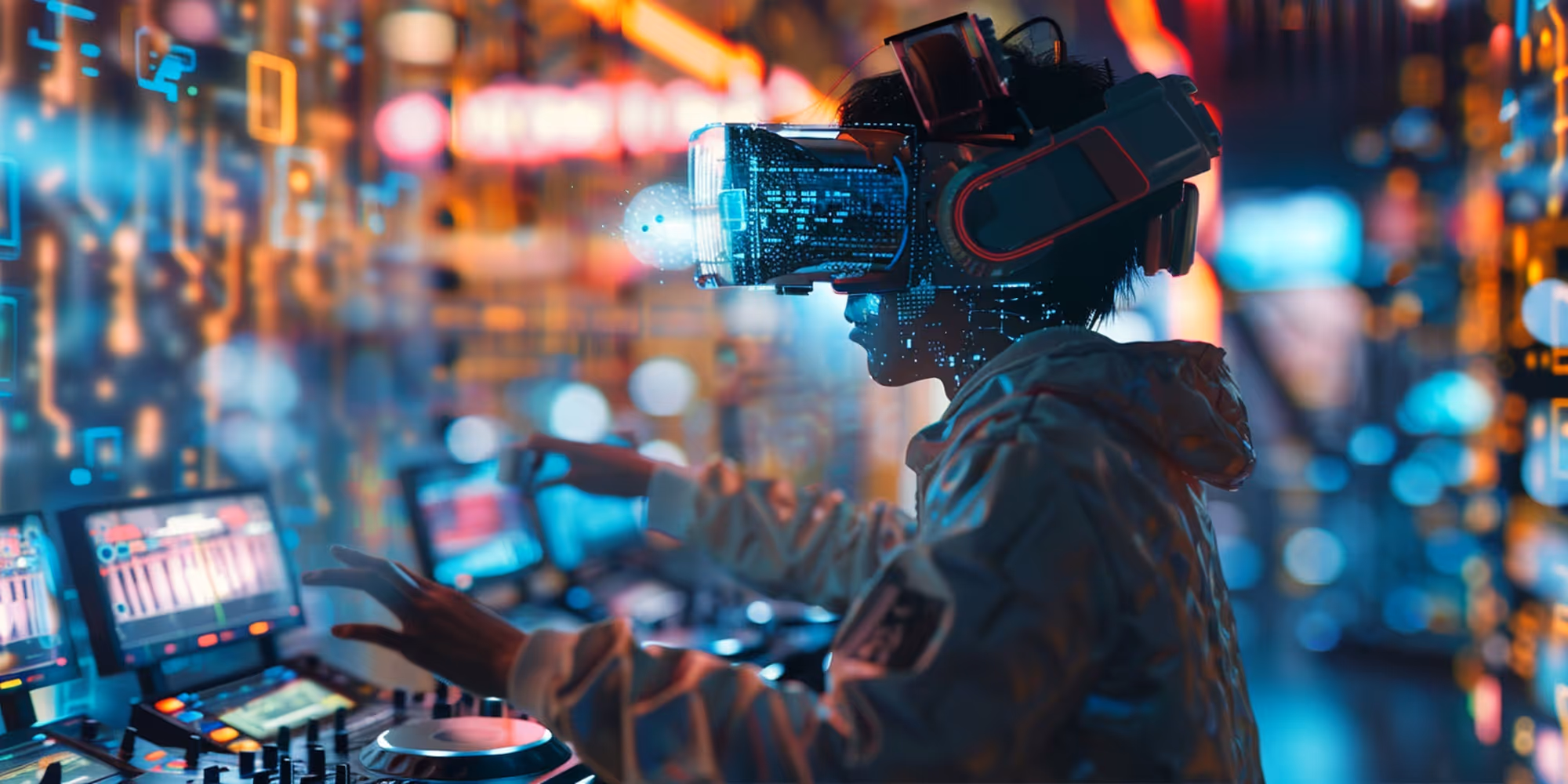 Person wearing immersive VR headset in a futuristic digital broadcast studio environment