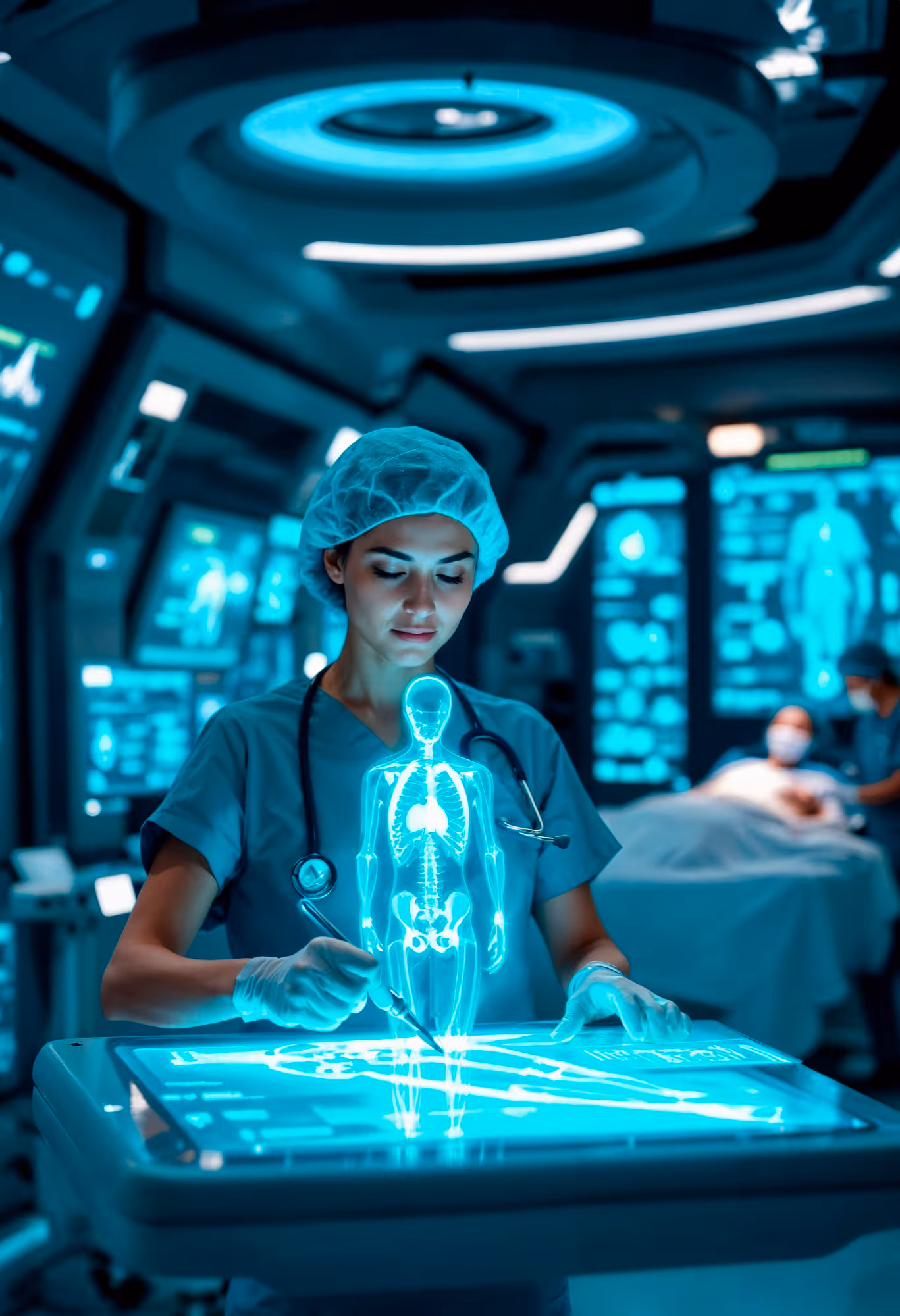 Healthcare professional using immersive medical technology in a futuristic digital clinic