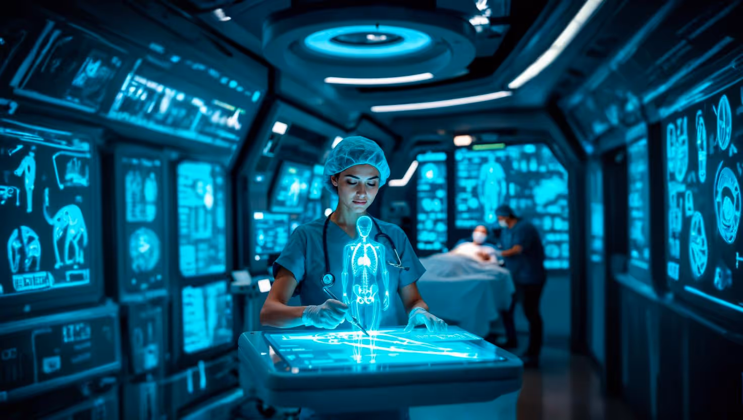 Healthcare professional using immersive medical technology in a futuristic digital clinic