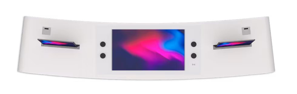 Top view of Pro Touch Oval Series interactive console featuring central touchscreen, dual angled displays, and control dials