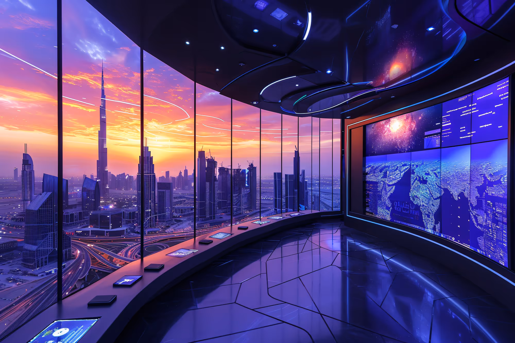 Immersive broadcast studio with panoramic digital display and city skyline developed by Pro Digital in Bangalore